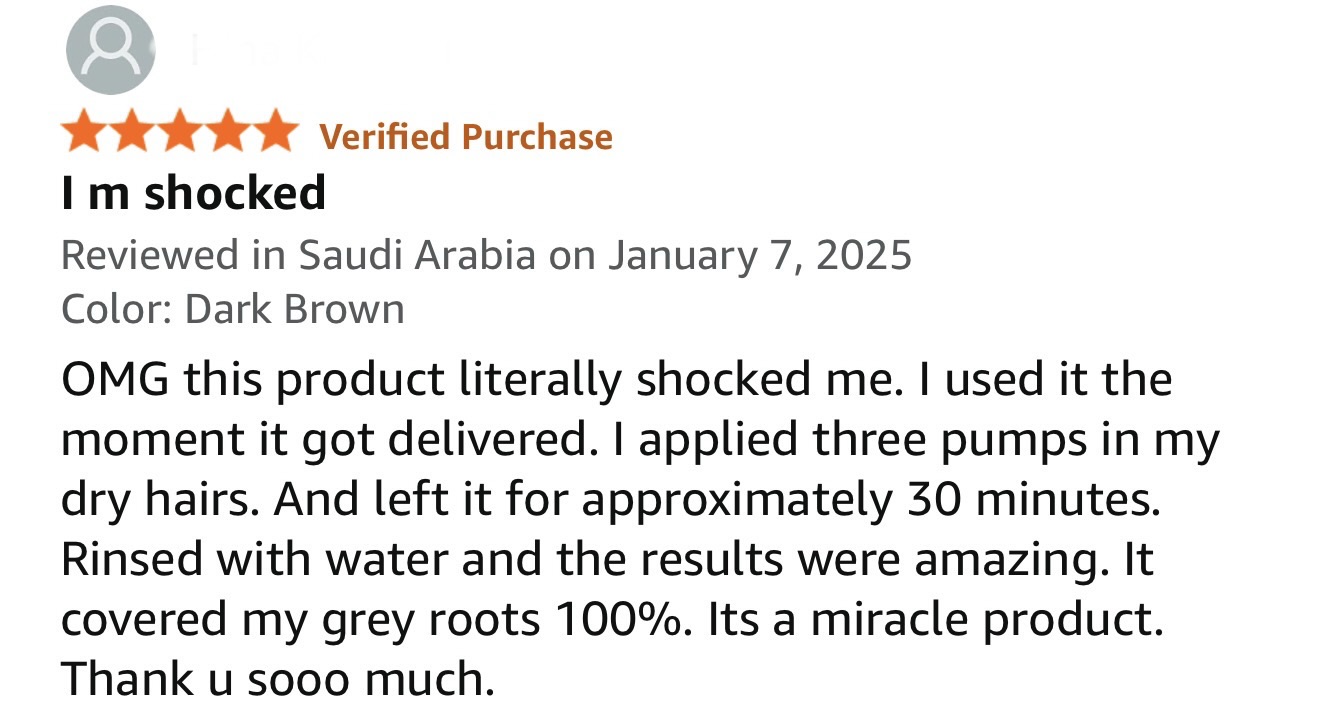 Real customer review for Dark Brown hair dye shampoo