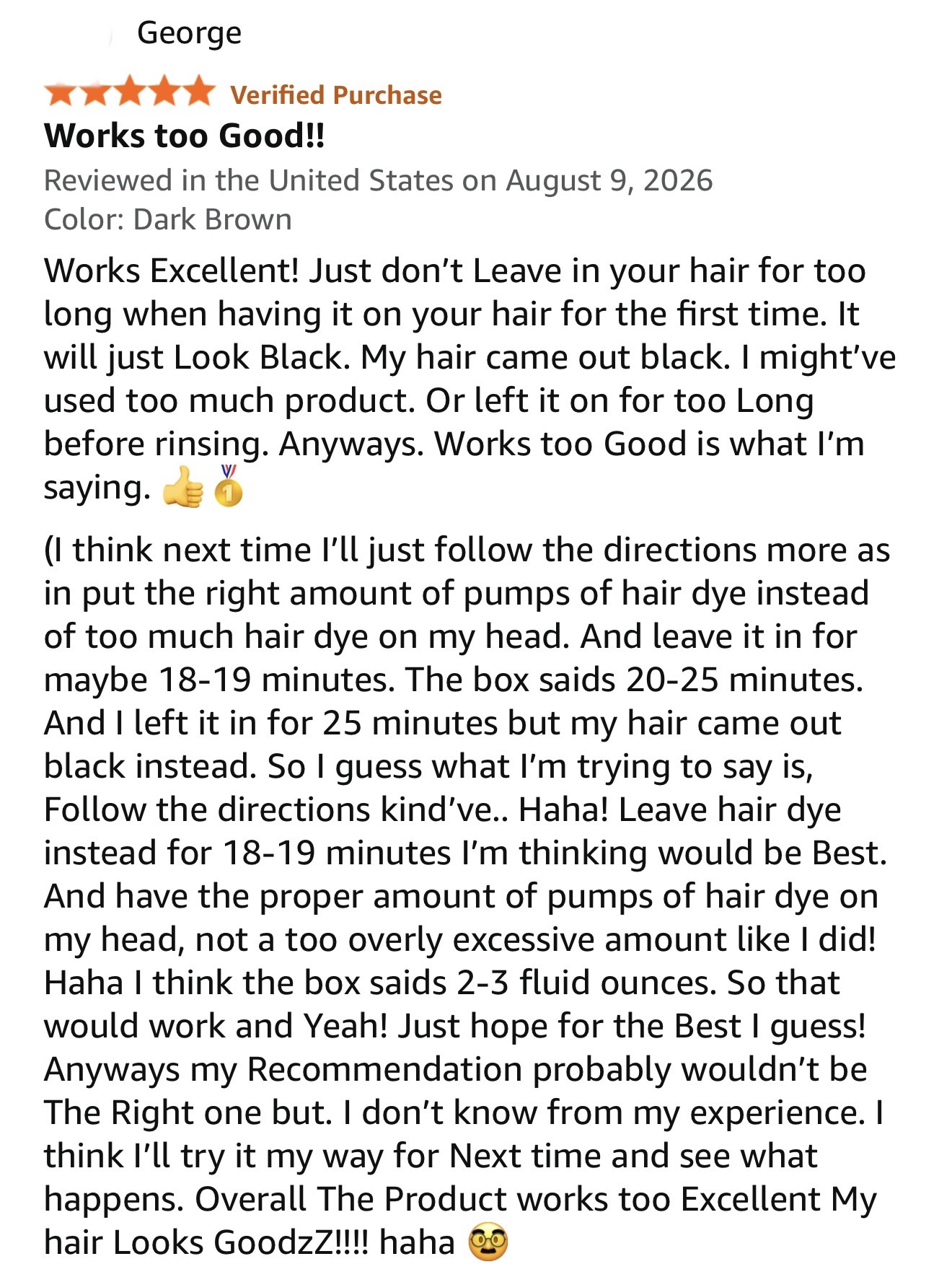 Real customer review discussing Dark Brown results